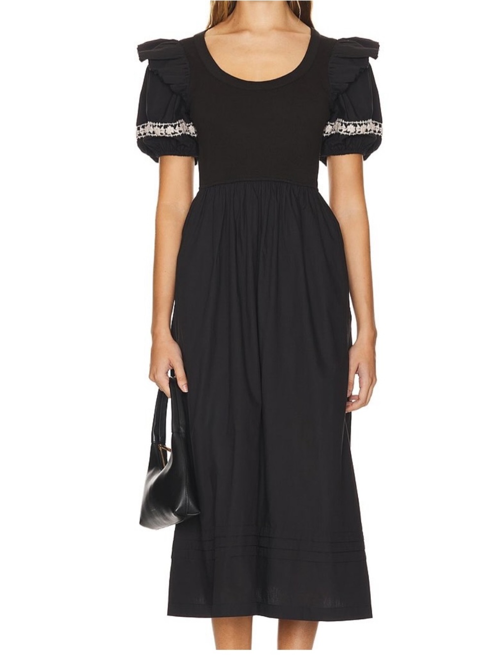 Cleobella Black Puff-Sleeve Maxi Dress with Lace Trim